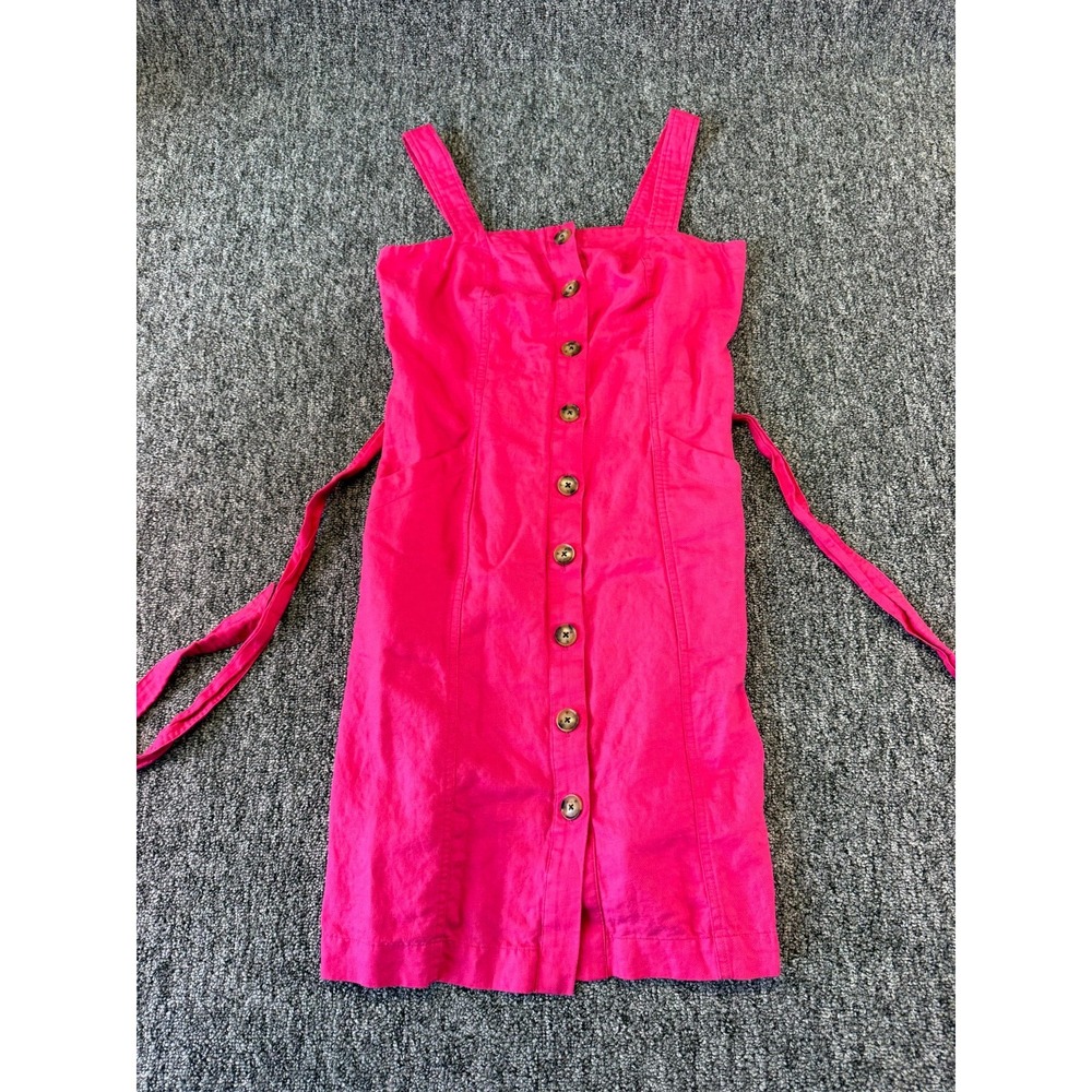 Loft Sundress Womens 0 Pink Pockets Belted Waist Button Front Casual Square Neck